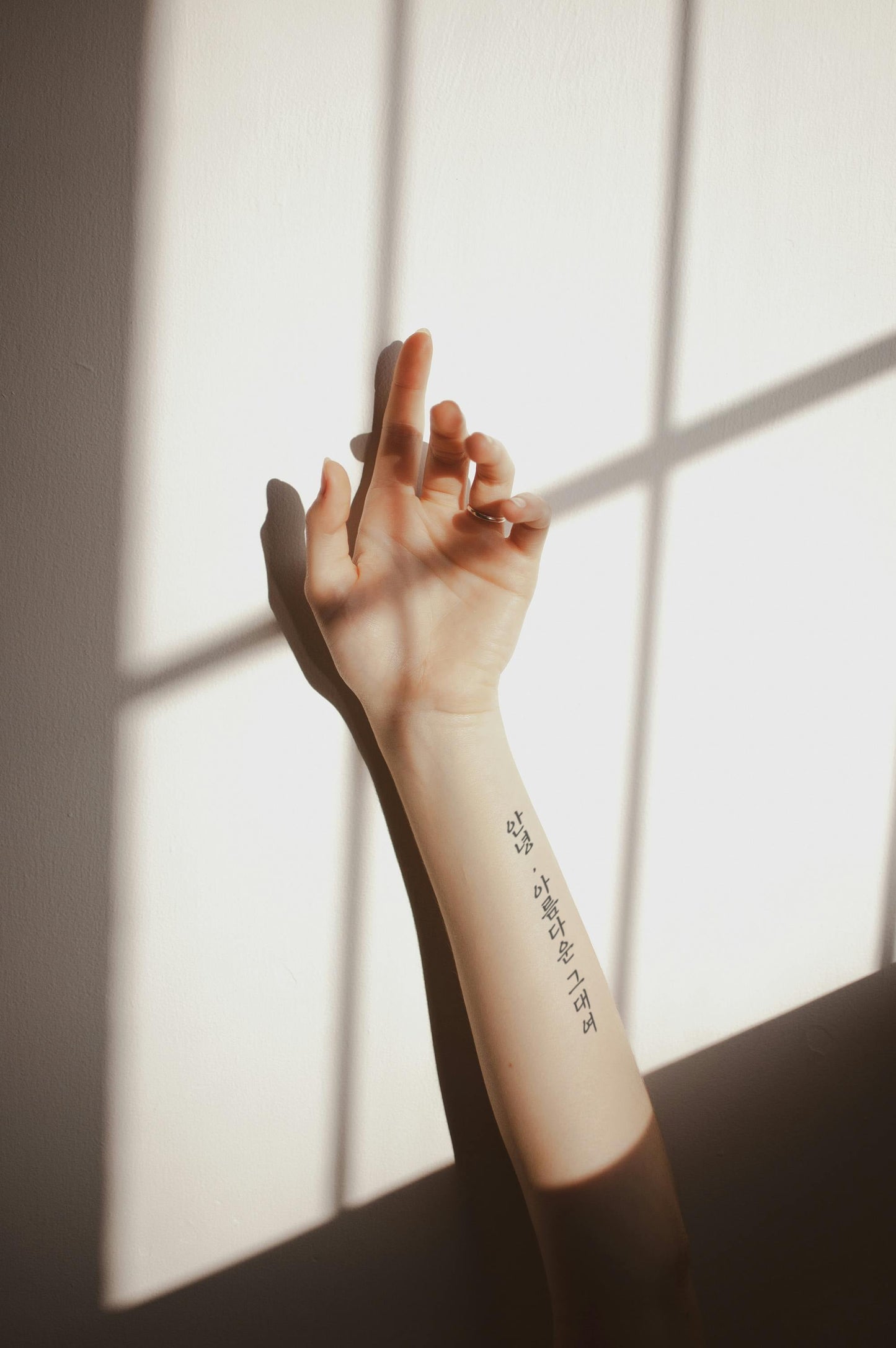 Sunlit silhouette of a hand gesture with a temporary Korean tattoo in Hangul script on the forearm against a white background.