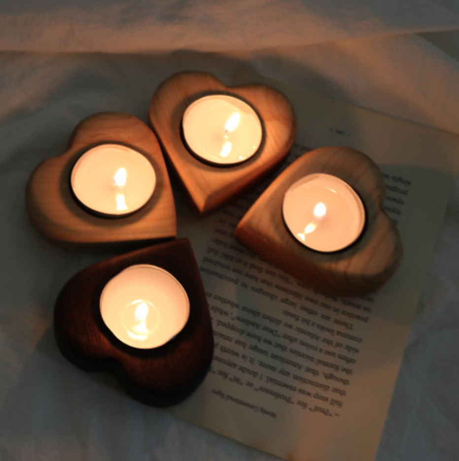 Heart & Round Wooden Tealight Candle Holder