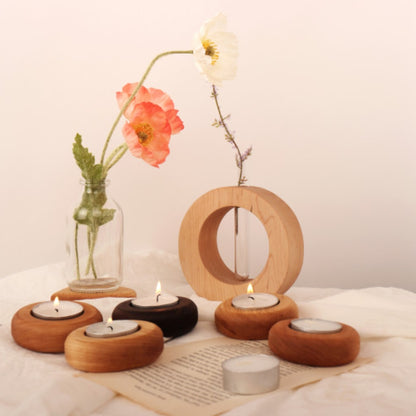 Heart & Round Wooden Tealight Candle Holder